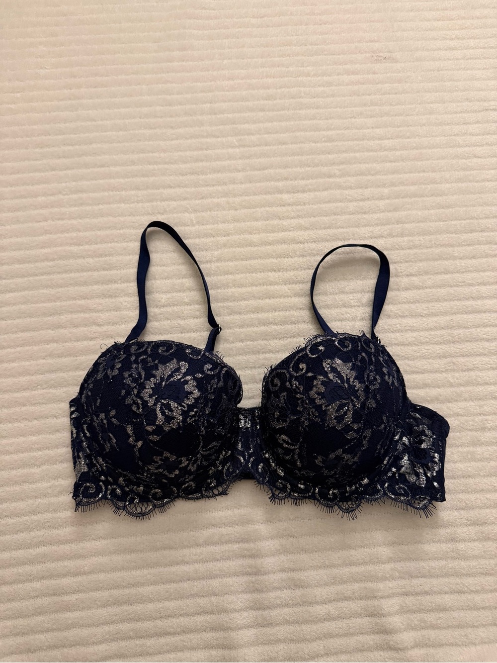 Victoria's Secret Navy Lace Balconette Bra with Silver Floral Overlay